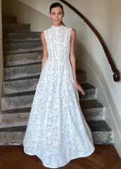 Fashion Women Stand Collar Lace Printed Maxi Dress Elegant White Sleeveless Slim A-line Pleated Vestdios Chic Party Evening Robe