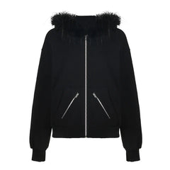 Causal Streetwear Punk Zipper Hooded Sweats Women's Autumn Winter Trendy Meal Style Sweatershirts Chic