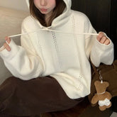 Pointelle Knit Hooded Sweater for Women Long Sleeve Pullover Sweater Hoodie Cosy Knitwear Teen-girl Autumn Winter Casual Outfit