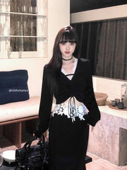 Gothic Harajuku Patchwork Lace V Neck Long Sleeve Tops Slim Fit Temperament Mermaid Long Skirts Y2k Vintage Girl Two Piece Sets