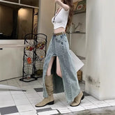 Pbong High Waist Denim Mini Skirt Women's Slimming A- Line Long Skirt Side Slit Vintage Artistic Elegant Cotton Polyester Blend