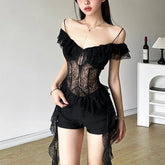 Y2k Aesthetic Lace Irregular Tops Vintage Harajuku Hollow Out Summer T-Shirt Streetwear Sexy See Through Shirt Fairy Bandage Tee