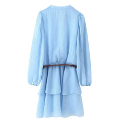 Vacation Blue Short Dress For Summer Lantern Sleeve Casual Solid Color Spring Women Dress With Belt A-line Fashion Vestidos