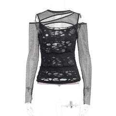 Gothic Mesh Hole Long Sleeve T-Shirts Women's Mock Neck Slim Fit Fishnet Sheer Blouse Cut Out Rave Tops See Through Top