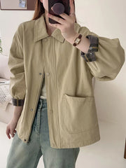 Fall Women Cargo Jacket Loose Preppy Style Long Sleeve Vintage Coat Casual Big Pockets American Retro Solid Bf Outwear Tops