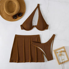 3 Pieces One Shoulder Bikinis Push Up Swimsuit & Beach Skirt Swimwear Women Bathing Swimming Suit Female Summer Beachwear