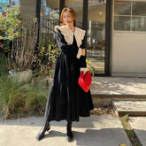 Large Turn Down Collar A-line Long Dress 2025 New Patchwork Belt Chic Black Spring Dress Loose Ruffle Fashion Summer Dresses