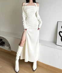 Autumn Evening Party Intellectual Elegant Dignified Mature Sexy Feminine Pure Color Simple Women'S Long Neck Dress
