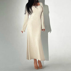 Elegant Frill Knit Square Neck Long Dress