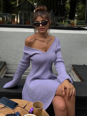V-neck Long Sleeved Sexy Short Dress Knitted Autumn Winter Solid Color A-line Backless Pleated Women Dresses Fall Fashion