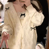Coquette Cardigan Sweater Woman Kawaii Bow Hollow Out Knitted Tops Korean Fashion Sweet Preppy Cute Aesthetic Solid