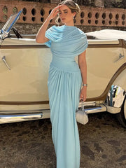 Elegant Pleated Shawl Long Dresses Women Vintage Sleeveless Slim Fit Evening Dress Female Spring Summer Chic Party Vestidos