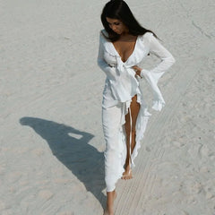 Sexy Hotgirl Ruffle White Cardigan Beach Bikini Thin Sunscreen Clothes Flare Sleeve Transparent Summer Cover-up Women Long Dress