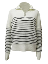 Women Fashion Loose Striped Asymmetry Knitted Sweaters Vintage Long Sleeve Zip-up Female Pullovers Chic Tops