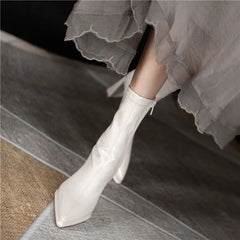 Women's Boots High Heels Half Footwear White Pointed Toe Elastic Shoes for Woman Mid Calf Elegant Heeled New Spring Pu Y2k