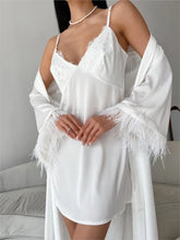 White Slip Dress +belted Cardigan Jacket Two Piece Set Sexy Feather Satin Pajamas Spring Summer Sleepwear Women Clothing 2025