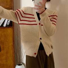 Striped Knit Cardigan Sweater with Heart-shape Button Front V-Neck Sweater Jacket Female Autumn Winter French Chic Cute Outfit