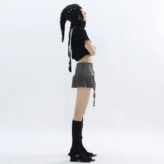 Japanese Style Striped Skirt Women Vintage Harajuku Lace Up Ruffle Mini Skirt Streetwear Grunge Summer Short Skirts
