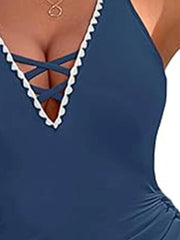 2025 Women's Beach Swimwear Contrast Scalloped Embroidery Trim Cinched Crisscross One-piece Swimsuit