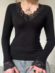 Lace Patchwork Solid Slim Tee Shirts Long Sleeves V-neck Aesthetic Fashion Clothes Vintage Streetwear Black Tops