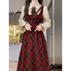 Pbong Single Piece School Style Japanese Plaid Strap Dress Women Student Waist Cinching Slimming Midi Length Overalls Skirt Set