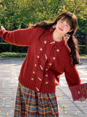 Christmas Red Sweet Cardigan Women Vintage Preppy Style Japan Knitted Sweater Casual Lazy Wind Female Fall Winter Tops New