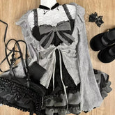 Sweet Lolita Lace Up Ruffles Cardigan Sexy Slim Fit Temperament Vest Tops Sweet Tiered Ruched Skirts Autumn Three Piece Sets