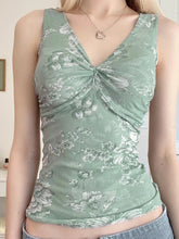 Sweetown Retro Green Floral Print Mesh Vest Sleeveless Twist V Neck Slim Crop Top For Women Summer Vacation Boho Outfits