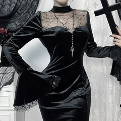 Halloween Women Dress Long Sleeve High Waist Dresses Lace Cutout Patchwork New Aesthetic 90s Egirl Sexy Slim Party Club Dress