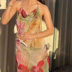 French Fashion Beading Embroidered Chiffon Slip Dress Vhalter Neck Backless Flower Print Vacation Beach Summer Women Dress