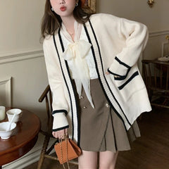 Varsity Cardigan Sweater for Women Open Front Slouchy Knitted Sweater Jacket Cardi Collaege Student Girl Fall Winter Outfit
