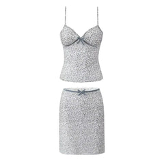 Leopard Print Bow Sexy Crop Top And Short Skirt Fashion Summer Outfits 2025 New Velvet Pathwork Camisole +skirt Two Piece Set