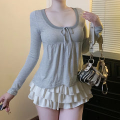 Pbong Sweet Korean Style Loose Fit Long Sleeve T-Shirt round Neck Striped A- Line Home Wear Slimming Girl's Fashion Top