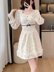 Women Fashion Elegant Print Short Dress Long Sleeve Vintage A-Line Party Birthday Clothes Female Vestidos New