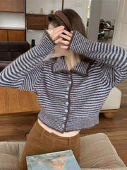 Harajuku Y2K Striped Cardigan Women Vintage Loose Casual Knitted Sweater Fall Winter Japan Retro Long Sleeve Female Soft Tops