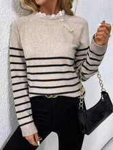 Autumn and winter women's fashionable lace round neck striped long sleeved knitted sweater