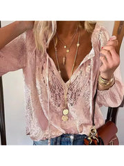 Women's Retro Ethnic V-Neck Lace Chiffon Shirt Casual Loose Office Top Spring Fashion Ladies Tops
