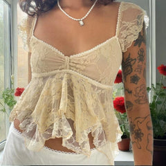 Fairy Coquette Tank Top y2k Women Sheer See Through V Neck Sleeveless Double Layered T Shirt Lace Vest Club Streetwear