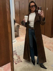 Elegant Suede Leather Belt Long Windbreaker Coat Fashion Double Button Lapel Oversize Jacket Autumn High Quality Streetwear