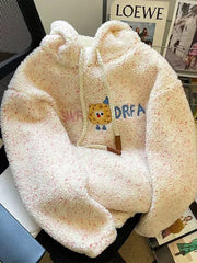 Winter Faux Lamb Sweet Coat Women Cute Cartoon Embroidery Warm Jacket Casual Loose Long Sleeve Korean Fashion Hooded Tops