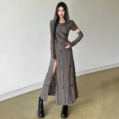 Harajuku Punk Midi Dress Women Mall Goth Streetwear Y2k E-girl Cyber Hooded Dress Vintage Hipster Casual Dress