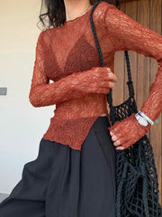 Korean Fashion Lace T Shirts Women Vintage Sexy See Through Aesthetic Crop Tops Kpop Y2k Long Sleeve Tees Shirts Summer