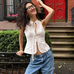 y2k Tank Top Women Summer Clothes White Flower Embroidery Mock Neck Front Cutout Sleeveless T Shirt Vest Streetwear