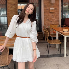 Lantern Sleeve White Vacation Short Dress A-line Loose Fashion Summer Dress Cotton Blend Hollow Out Embroidery Dresses 2025 New