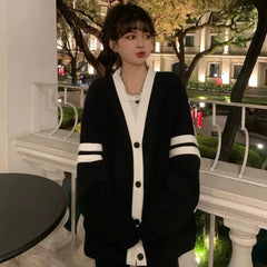 Varsity Cardigan Sweater for Women Long Sleeve V-Neck Button-up Knit Slouchy Cardi Korean School-girl Preppy Fall Winter Outfit