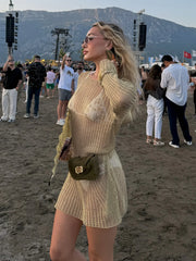 2025 Summer Sexy Backless See-through Kahki Round Neck Knit Dress Women Holiday Vacation Beachwear Swimsuit Mini Dresses C96