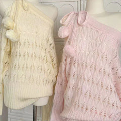 Sweet Sexy Hollow Out Knitted Pullover Women Off Shoulder Japanese Style Elegant Sweater Kawaii Lolita Lace Up Jumpers