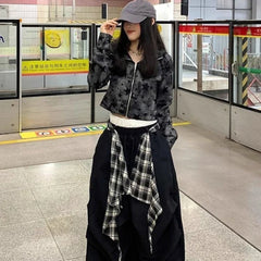 Y2k American Vintage Slim Hot Sweet Print Hooded Sweatshirts 2000s Long Sleeve Subculture Zip Up Hoodies Autumn Crop Tops Coat