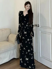 Women Black Print Long Sleeve Chic Ruffled V-Neck Maxi Dress Korean Vintage Party Dress Autumn Winter Elegant Evening Dress New