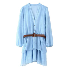 Vacation Blue Short Dress For Summer Lantern Sleeve Casual Solid Color Spring Women Dress With Belt A-line Fashion Vestidos